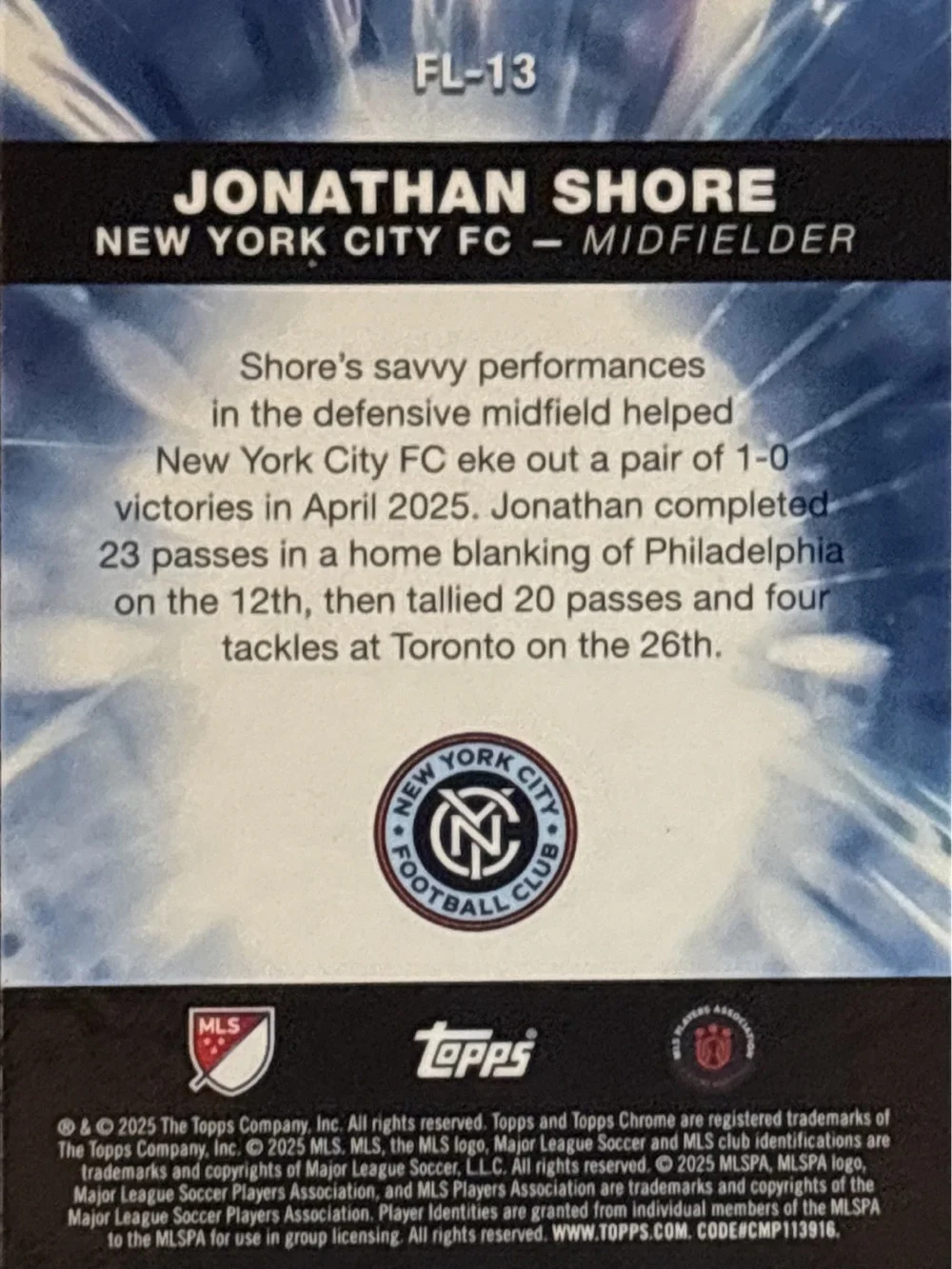 Topps Chrome Jonathan Shore Fast Line Rookie Soccer Card